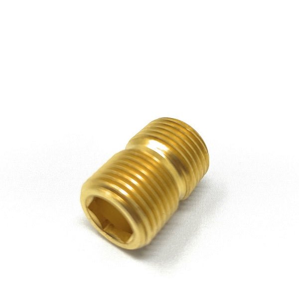 Close-up of a small brass double-threaded pipe fitting with a hexagonal inner socket.
