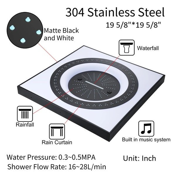 24" Cascada Perla LED Music Thermostatic Rainfall Shower System