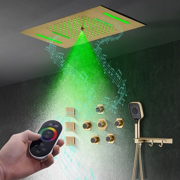 Cascada Positano 15"x23" Brushed Gold Music LED Shower System - Cascada Showers
