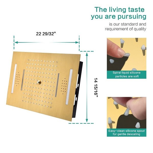 Cascada Positano 15"x23" Brushed Gold Music LED Shower System - Cascada Showers