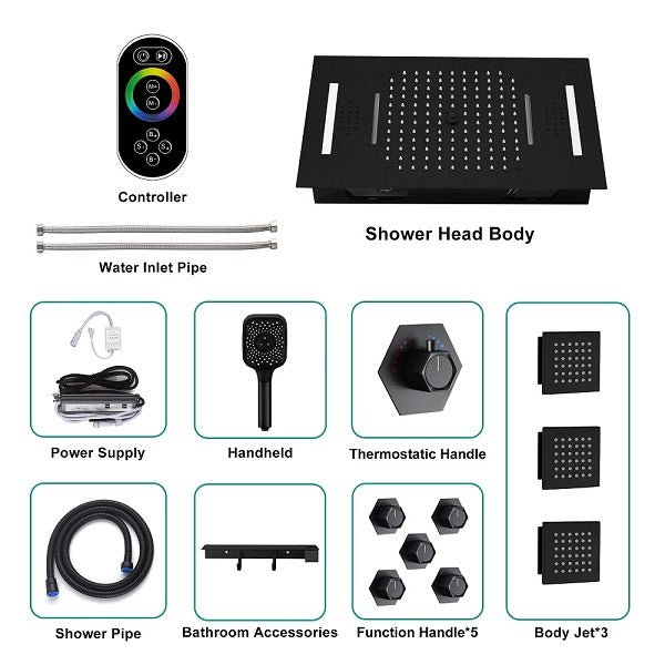 Cascada Positano 15"x23" Matte Black LED Music Shower System - Cascada Showers