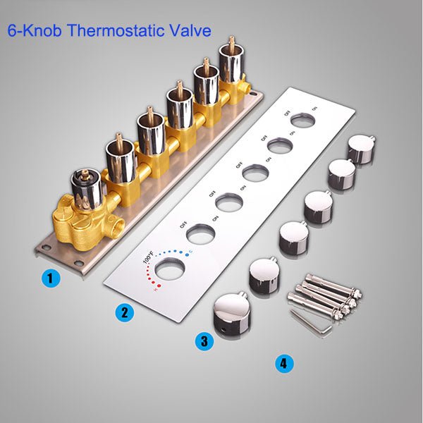 Disassembled 6-knob thermostatic shower valve set with brass valve body, faceplate, knobs, and screws.
