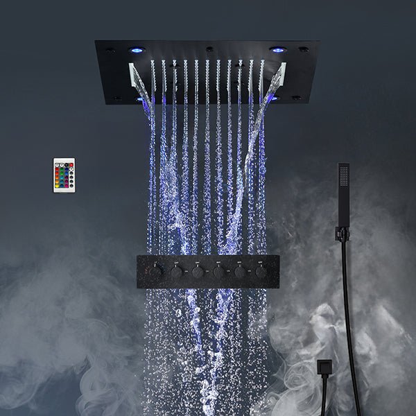 Black rainfall shower head with blue LED lights and multiple water streams, remote control visible on the side and steam rising