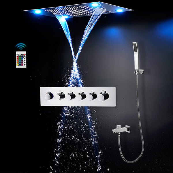 Ceiling shower panel with blue LED lights and waterfall stream, accompanied by handheld shower and control knobs.