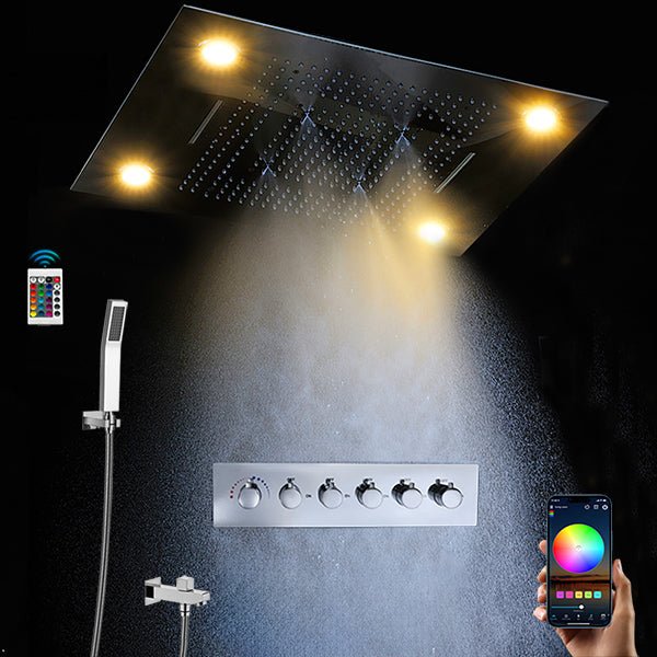 Modern ceiling-mounted rainfall shower with LED lights, handheld sprayer, control panel, and smartphone app for color control.