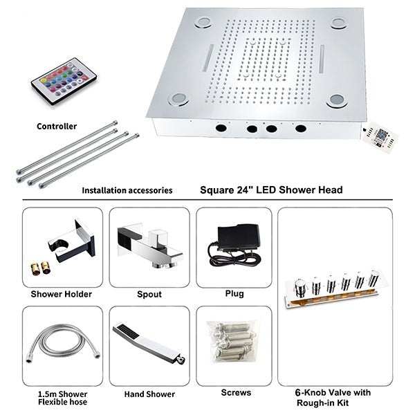 Product layout of a square 24-inch LED shower head with remote controller and installation accessories, including hose, hand shower, spout, plug, screws, and a six-knob valve kit.