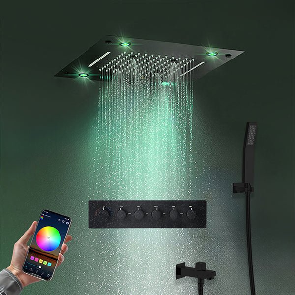 Ceiling-mounted black rainfall shower head with green LED lights and cascading water, shown with a smartphone controlling color settings
