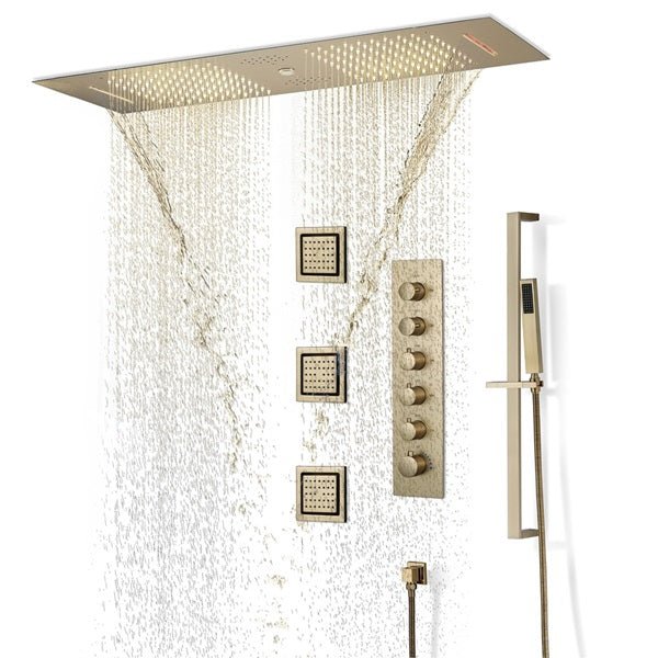Cascada Riviera 12"x36" Brushed Gold LED Bluetooth Shower System - Cascada Showers