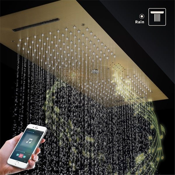 Cascada Riviera 12"x36" Brushed Gold LED Bluetooth Shower System - Cascada Showers