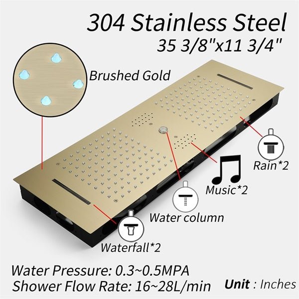 Cascada Riviera 12"x36" LED Bluetooth Shower System - Cascada Showers