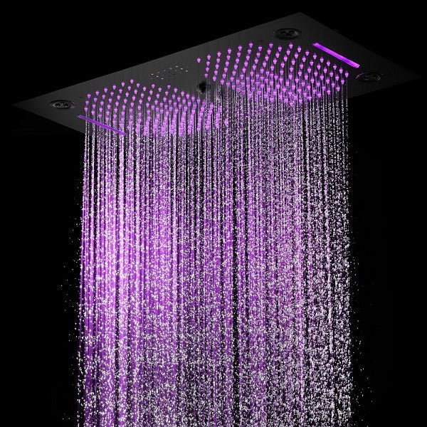 Rain showerhead close-up with LED lights in Cascada Sicilian Waterfall Shower System