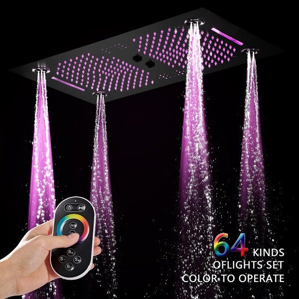 Waterfall feature in Cascada Sicilian 16x28 LED shower system with Bluetooth music