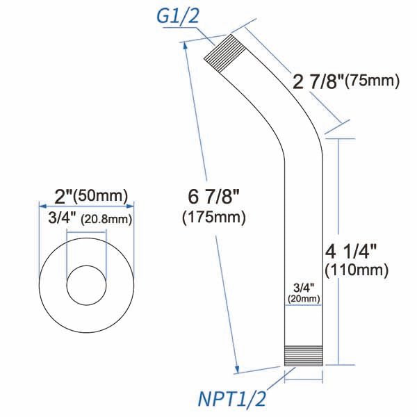 Technical dimension diagram of a Cascada 7 inch curved wall shower arm, including G1/2, 2 7/8" (75mm), 6 7/8" (175mm), 4 1/4" (110mm), 3/4" (20mm), and NPT1/2