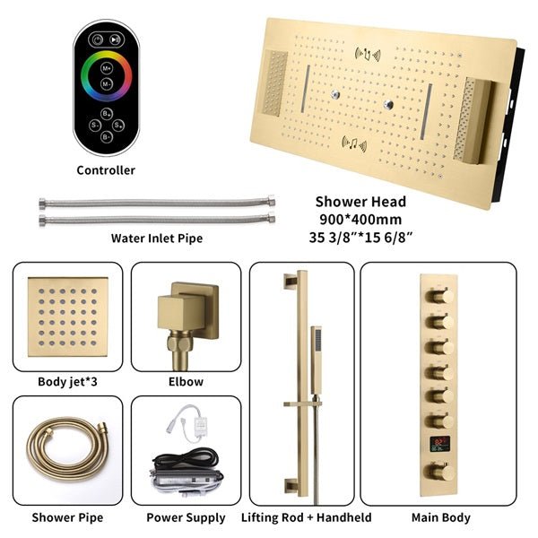 Cascada Verona 16"x36" Brushed Gold Music LED Digital Shower System - Cascada Showers