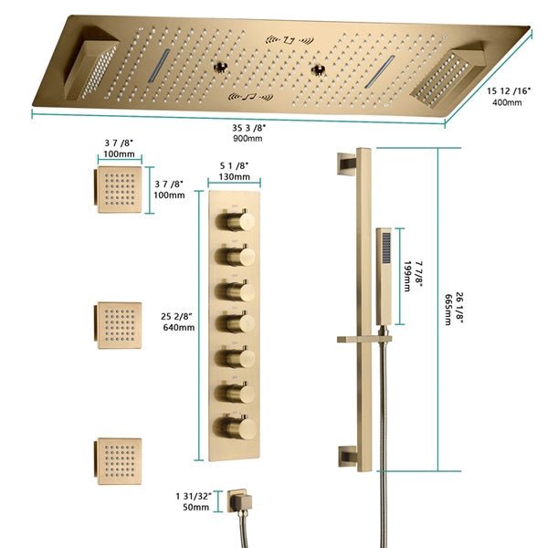 Cascada Verona 16"x36" Brushed Gold Music LED Shower System - Cascada Showers