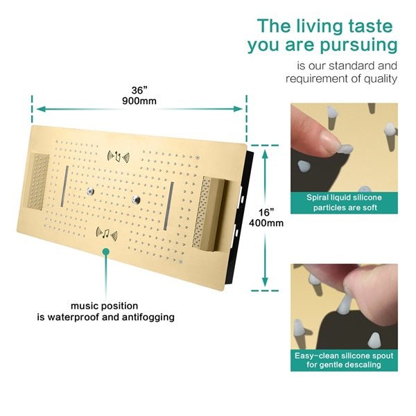 Cascada Verona 16"x36" Brushed Gold Music LED Shower System - Cascada Showers