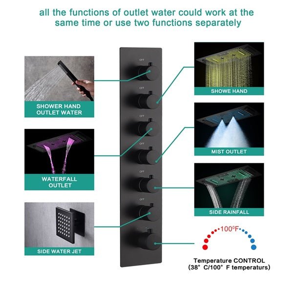 Cascada Verona 16"x36" Matte Black Music LED Shower System - Cascada Showers