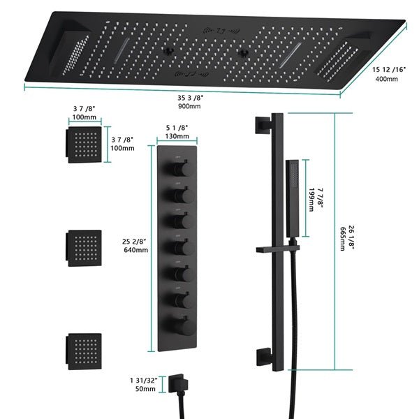 Cascada Verona 16"x36" Matte Black Music LED Shower System - Cascada Showers