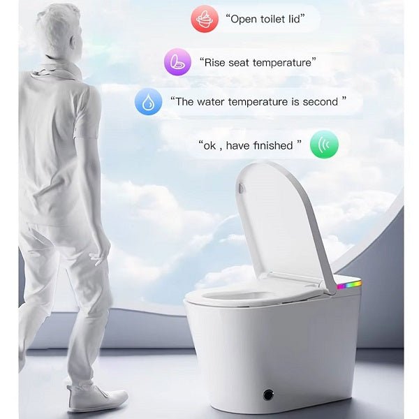 Smart toilet with digital interface and person in white suit observing.