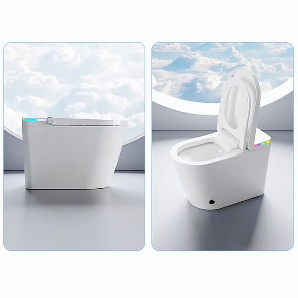 White toilet with open lid against a sky background