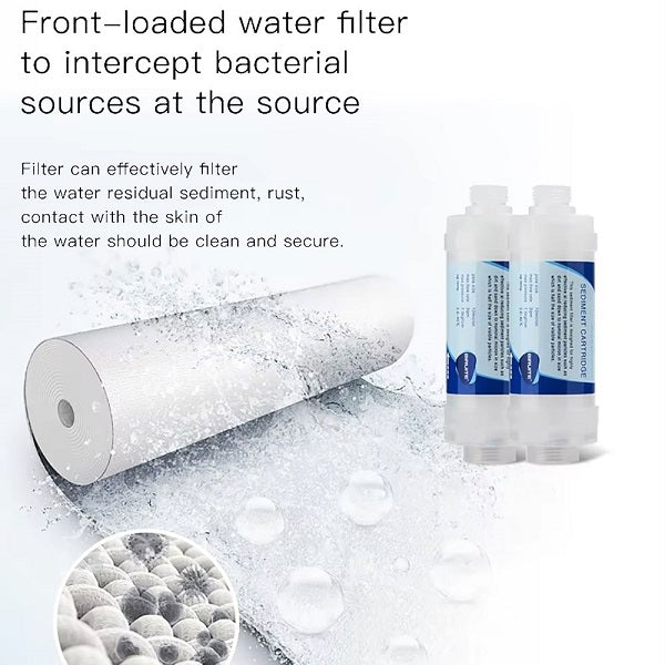 Water filter with text explaining its function on a white background