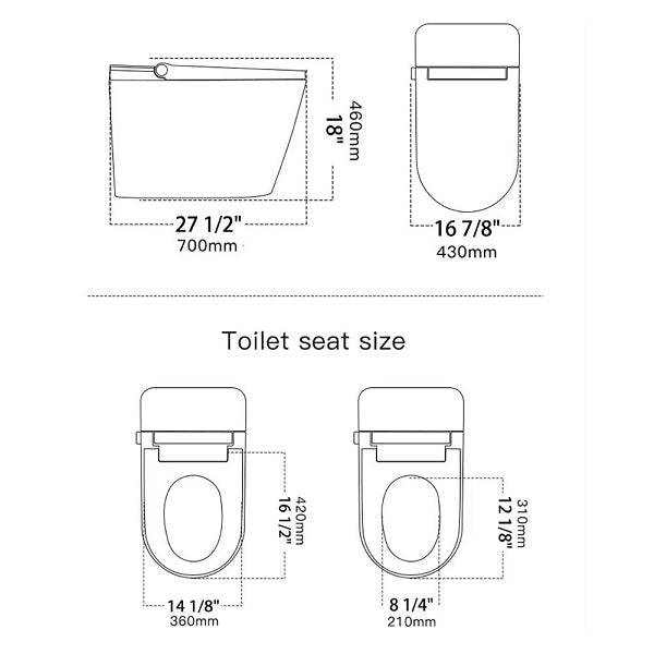 Diagram showing dimensions of a toilet seat and cover