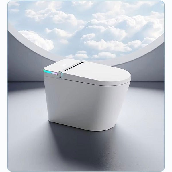Modern white toilet bowl with a cloud-patterned wall in the background