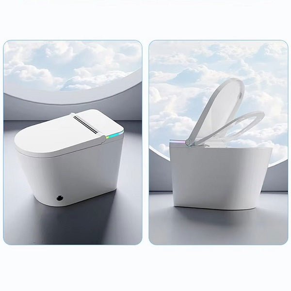 White toilet with open lid against a sky background
