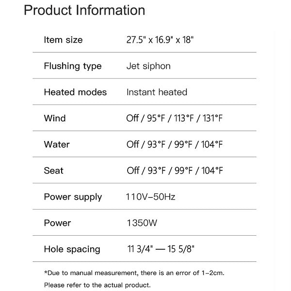 Product information table with specifications on a white background