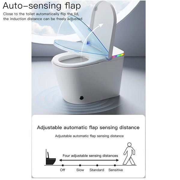 Smart toilet with auto-sensing flap feature on a white background