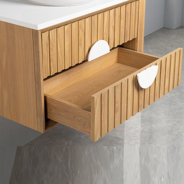 Cascada Wall Mount Floating Bathroom Vanity Oak with Marble Top Ceramic Vessel Sink