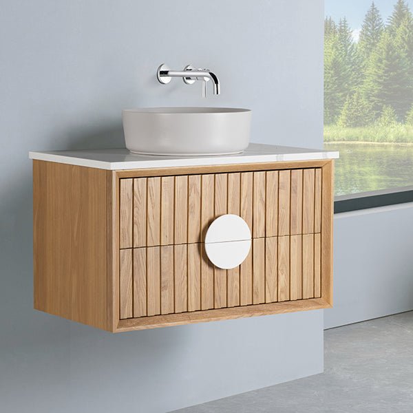 Cascada Wall Mount Floating Bathroom Vanity Oak with Marble Top Ceramic Vessel Sink