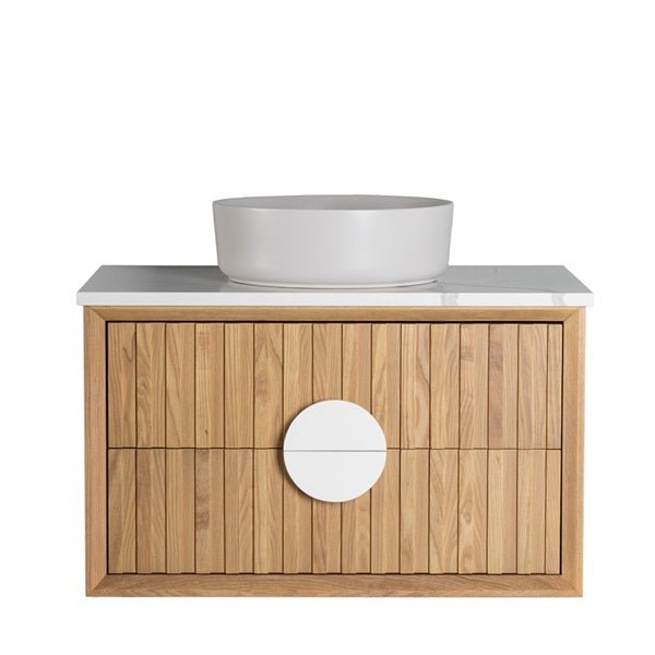 Cascada Wall Mount Floating Bathroom Vanity Oak with Marble Top Ceramic Vessel Sink