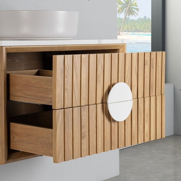 Cascada Wall Mount Floating Bathroom Vanity Oak with Marble Top Ceramic Vessel Sink