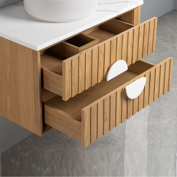 Cascada Wall Mount Floating Bathroom Vanity Oak with Marble Top Ceramic Vessel Sink
