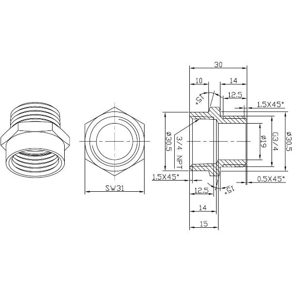G Thread (Metric BSPP) Male to NPT Female Adapter - Lead Free (3/4" x 3/4") - Cascada Showers, cascada 3/4 inch pipe fitting plumbing adapter, 3/4 g male to npt 3/4 female connector, g 3/4 to npt female adapter fittings, 3/4 pipe fitting connector, male to female fitting adapter, brass pipe fitting adapter, pipe fitting, 2 hose connector, 3/4” G male x 3/4” NPT female Connector, 3/4 g thread, bspp adapter, is g thread compatible with npt