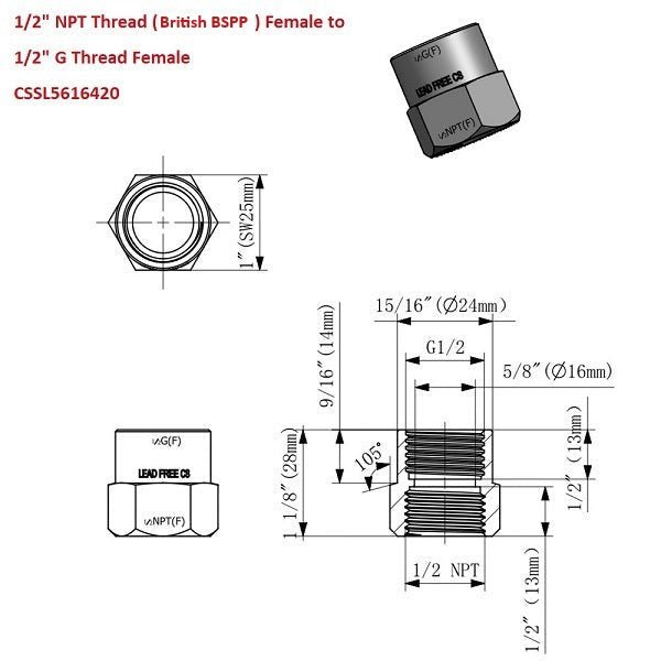 Technical drawing of a plumbing fitting with dimensions and thread specifications.