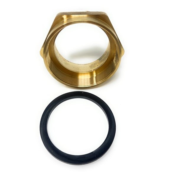 Brass fitting and black rubber washer on a white background