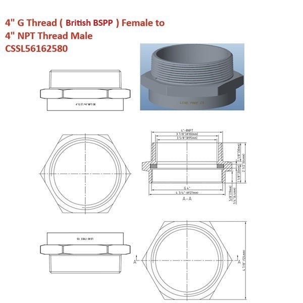 Technical drawing and diagram of a plumbing fitting with dimensions and thread details.