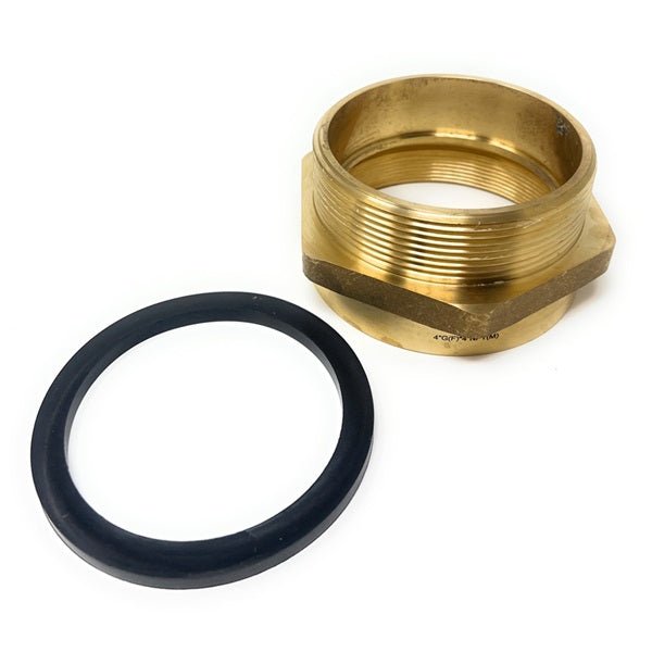 Brass fitting and black rubber washer on a white background