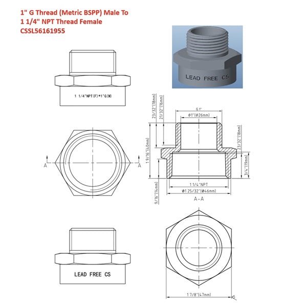 Technical dimensions of 1" BSPP male to 1 1/4" NPT female brass adapter by Cascada