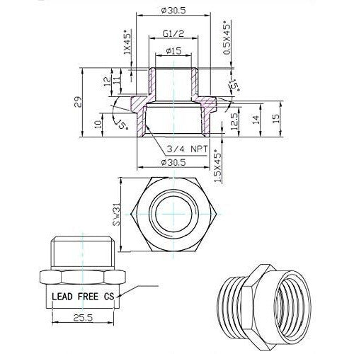 G Thread (Metric BSPP) Male to NPT Female Adapter - Lead Free (1/2" x 3/4") - Cascada Showers