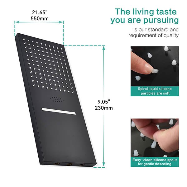 Black kitchen grater with measurements and product features on a white background