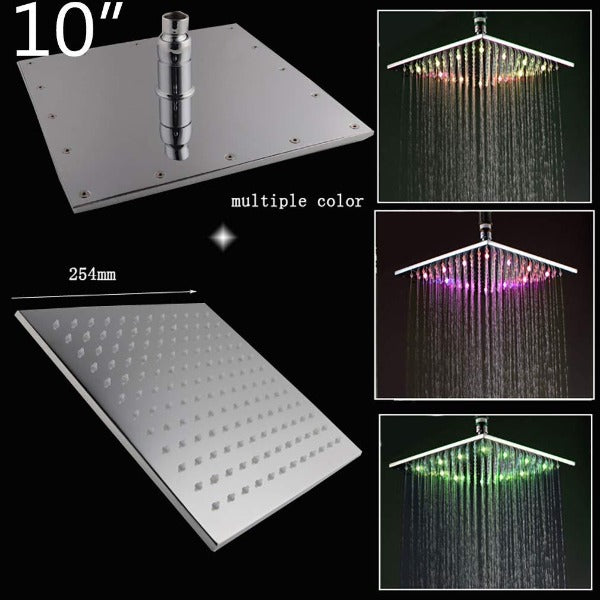 10" Square Ceiling Mount Rainfall LED Shower Head, include Shower Arm - Cascada Showers showerhead system rain head shower handheld set complete led bathroom heads light rainfall