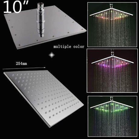10" Square Ceiling Mount Rainfall LED Shower Head, include Shower Arm - Cascada Showers showerhead system rain head shower handheld set complete led bathroom heads light rainfall