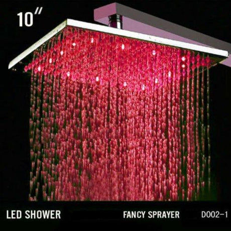10" Square Ceiling Mount Rainfall LED Shower Head, include Shower Arm - Cascada Showers showerhead system rain head shower handheld set complete led bathroom heads light rainfall