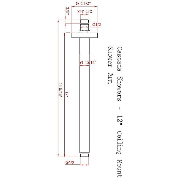 12" Ceiling Mount Shower Arm with 1/2" NPT Thread, Brushed Nickel - Cascada Showers
