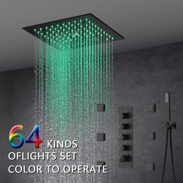 Cascada Luxury 12” Music LED shower system with built-in Bluetooth Speakers, 4 functions (Rainfall, Misty, Body jets & HandShower) & Remote Control 64 Color Lights cascada system LED bluetooth shower head speaker hot cold music rain rainfall musical lights showerhead body spray jet waterfall misty ceiling mounted handheld high pressure multicolor holder thermostatic chrome oil rubbed bronze mixer remote control