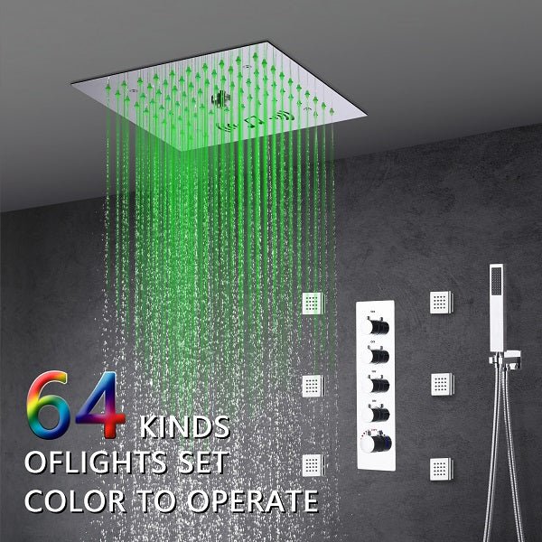 Cascada Luxury 12” Music LED shower system with built-in Bluetooth Speakers, 4 functions (Rainfall, Misty, Body jets & HandShower) & Remote Control 64 Color Lights cascada system LED bluetooth shower head speaker hot cold music rain rainfall musical lights showerhead body spray jet waterfall misty ceiling mounted handheld high pressure multicolor holder thermostatic chrome oil rubbed bronze mixer remote control