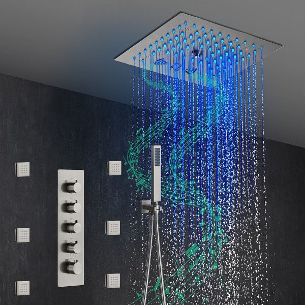 Cascada Luxury 12” Music LED shower system with built-in Bluetooth Speakers, 4 functions (Rainfall, Misty, Body jets & HandShower) & Remote Control 64 Color Lights cascada system LED bluetooth shower head speaker hot cold music rain rainfall musical lights showerhead body spray jet waterfall misty ceiling mounted handheld high pressure multicolor holder thermostatic chrome oil rubbed bronze mixer remote control